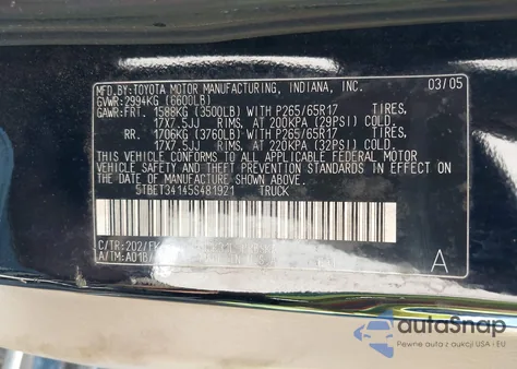 2005 Toyota Tundra Sr5 V8 из США, поврежденный, VIN 5TBET34145S481921